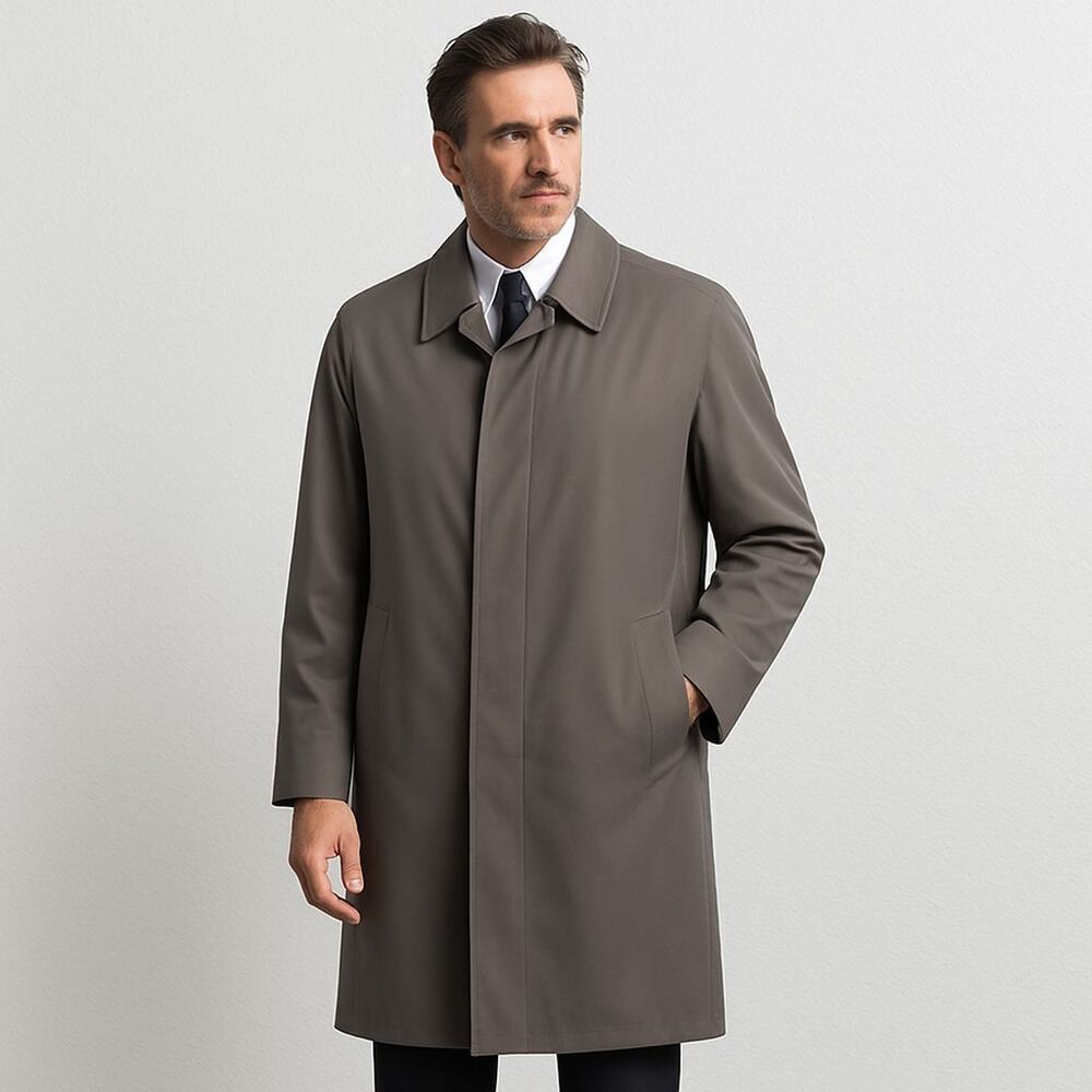 London Fog Men’s Trench Coat Size 44 Regular Gray Long Overcoat Classic Vintage